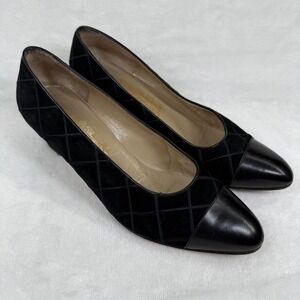 Salvatore Ferragamo Womens Black Quilted Suede Cap Toe Pumps Block Heel Size 7